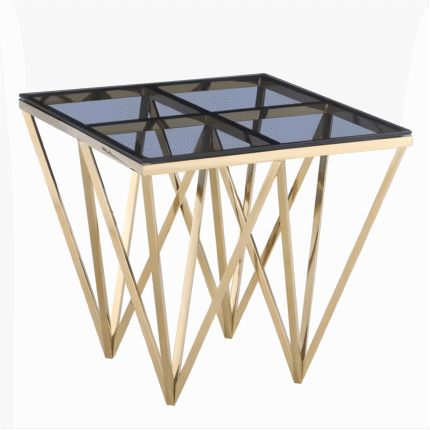 Voyager side table in wood, metal, and glass for modern living spaces