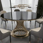 Luxembourg dining table with wood, marble, and metal finishes