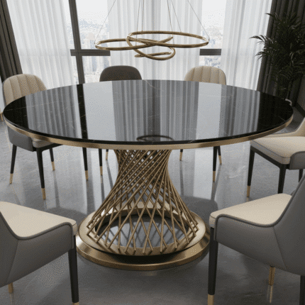 Luxembourg dining table with wood, marble, and metal finishes
