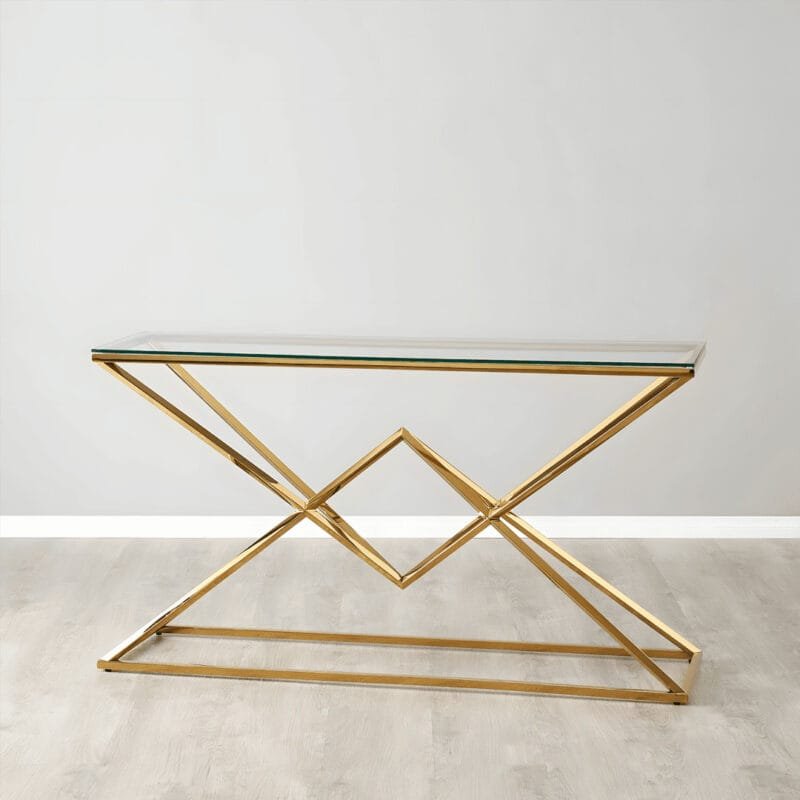 Wood console table styled in a modern hallway with mirror and natural light